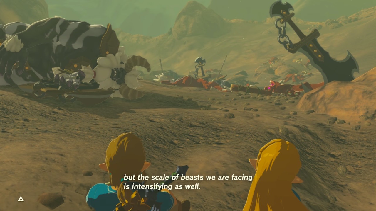 Screenshot of a flashback sceen from Breath of the Wild, showing Zelda and Link looking out at a field absolutely overflowing with recently slain monsters